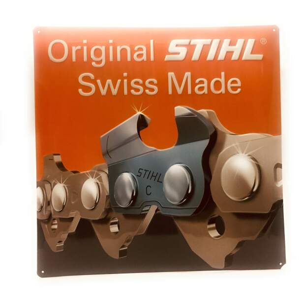 Stihl Blechschild Kettenkompetenz Sägekette Swiss Made 39 x 39 cm Schild