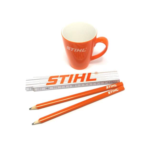 Stihl Zollstock + Zimmermannsbleistifte +Tasse Orange