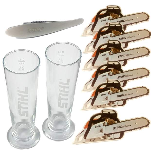 Stihl Biergläser Set 2 Stk. Bierglas 0,3 l Bierdeckel Flaschenöffner Geschenkset