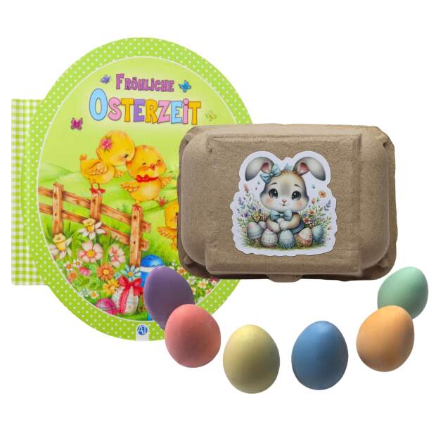 Bunte Straßen- und Tafelkreide im Ei-Format & das fröhliche Osterbuch