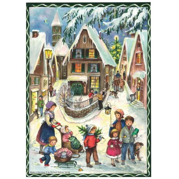 Adventskalender mit Schokolade – Nostalgisch Winterliches Dorftreiben zum Aufstellen & Aufhängen (75g)
