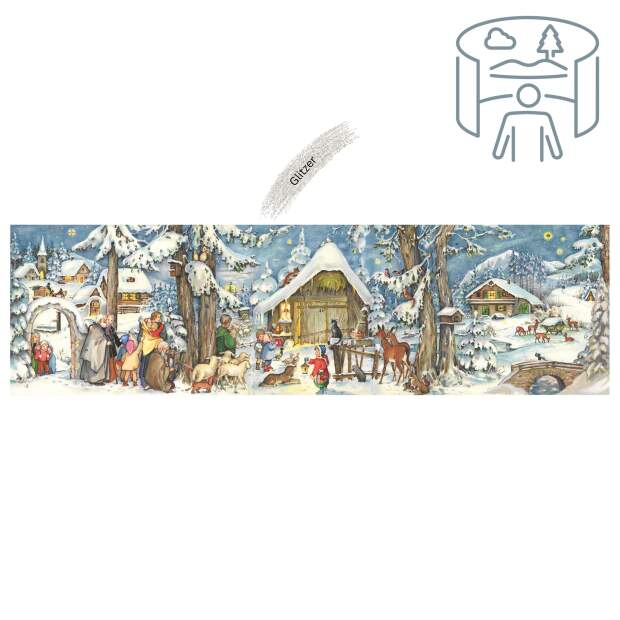 Adventskalender Nostalgisch – Panorama Winterlandschaft Am Stall mit Tieren