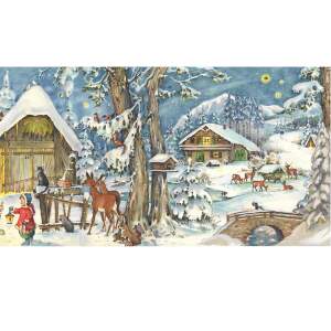 Adventskalender Nostalgisch – Panorama Winterlandschaft Am Stall mit Tieren