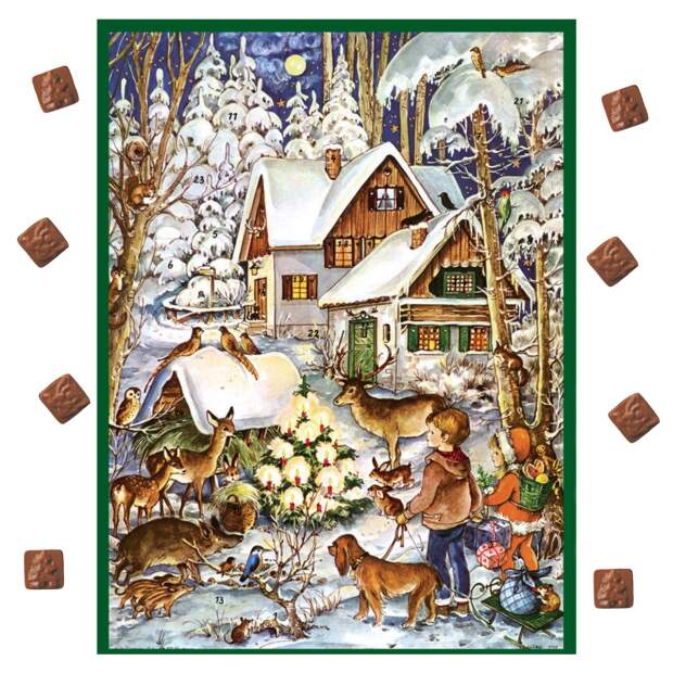Adventskalender mit Schokolade – Nostalgisches Winterwald-Motiv mit Tieren (75 g)