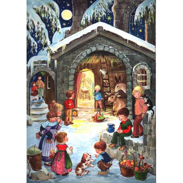 Adventskalender A4 – Weihnachtskrippe mit Kindern und Stallmotiv, Silber-Glitzer & Leuchteffekt