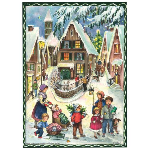 Adventskalender A4 – Winterliches Dorfleben mit Kindern, Silber-Glitzer & Leuchteffekt