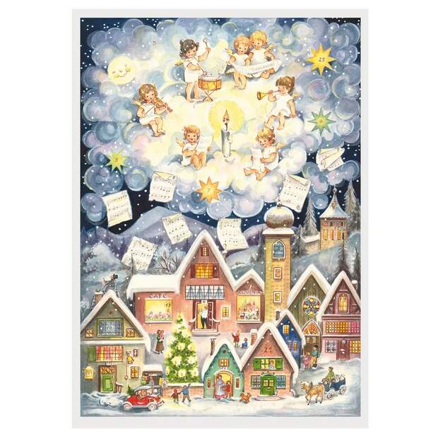 Adventskalender A4 – Himmelsmusik über dem Weihnachtsdorf mit Silber-Glitzer & Leuchteffekt