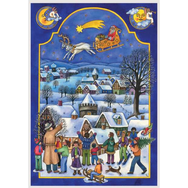 Adventskalender A4 – Weihnachtsmann mit Geschenkschlitten am Nachthimmel