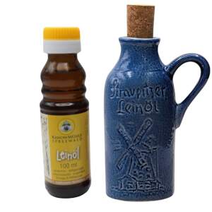 Spreewald Leinöl Geschenkset Blau – 100 ml Kanow-Mühle & Keramikflasche 100 ml mit Kork