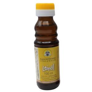 Spreewald Leinöl Geschenkset Blau – 100 ml Kanow-Mühle & Keramikflasche 100 ml mit Kork