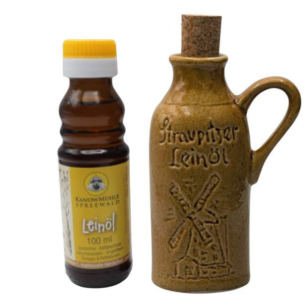 Spreewald Leinöl Geschenkset Honig – 100 ml Kanow-Mühle & Keramikflasche 100 ml mit Kork