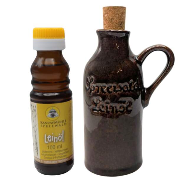 Spreewald Leinöl Geschenkset Braun – 100 ml Kanow-Mühle & Keramikflasche 100 ml mit Kork