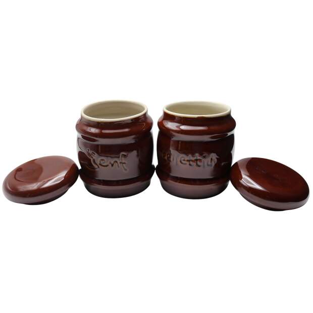 Spreewälder Würz-Set Keramik – Senf- & Meerrettichtopf 9 cm mit Deckel, braun glasiert