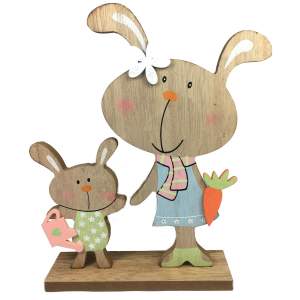 Ostern Deko Hasenmutti mit Kind auf Sockel Holzhasen-Aufsteller 20 x 15 cm