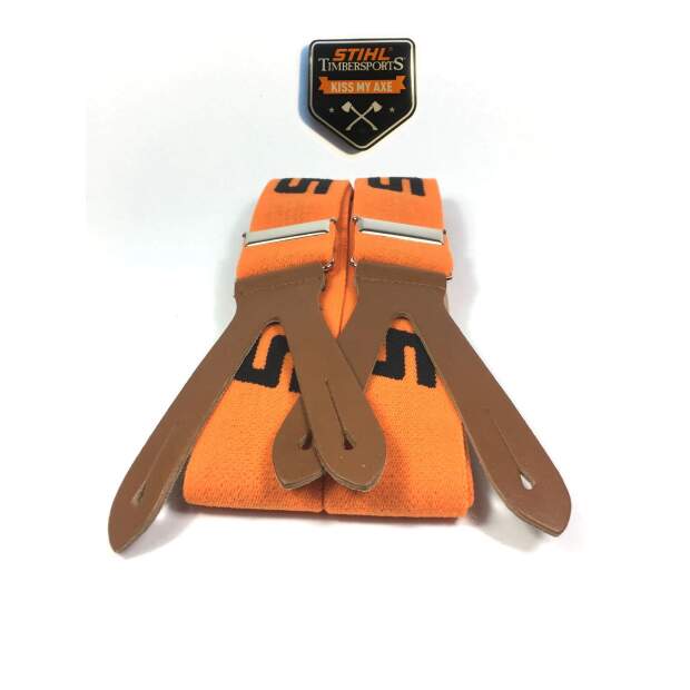 Stihl Hosenträger Laschen Knöpfen Orange 120 cm Länge & Timbersports Magnet