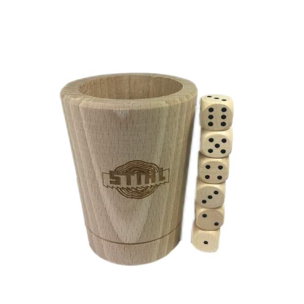 Stihl Würfelbecher Buchenholz mit 6 Würfeln, PEFC zertifiziert, 9 x 6 cm
