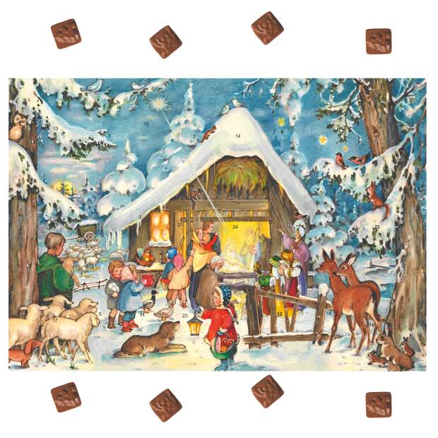 Adventskalender mit Schokolade - Weihnachtskrippe im verschneiten Winterwald (75g)