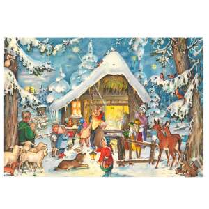 Adventskalender mit Schokolade - Weihnachtskrippe im verschneiten Winterwald (75g)