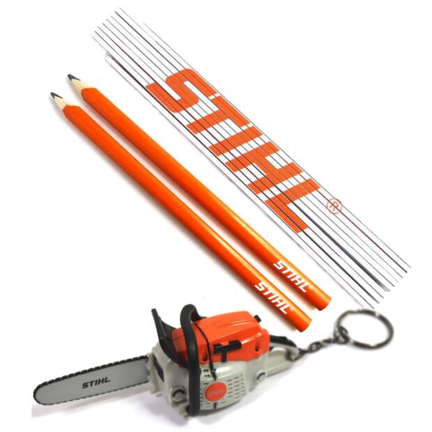 Stihl Geschenk-Set mit Zimmermannsbleistift + Zollstock + Schlüsselanänger Säge mit Geräusch - Fanartikel-Bundle von Luxzina