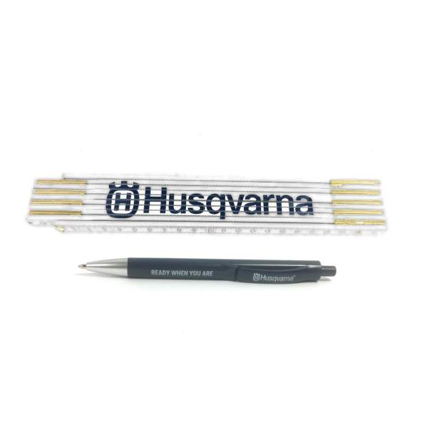 Geschenkidee für den Mann Husqvarna Zollstock Holz Meterstab Gliedermaßstab & Kugelschreiber
