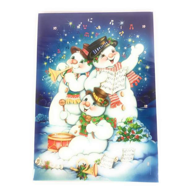 Adventskalender 12 x 17 cm, mit Glitzer 3 spielende Schneemänner
