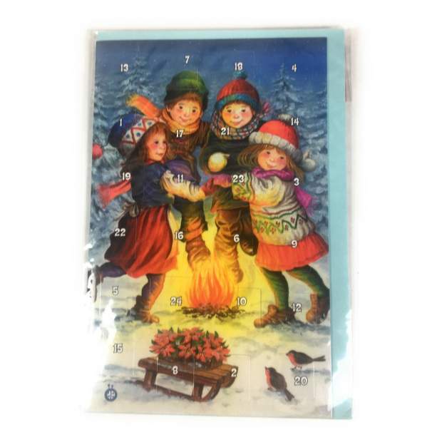 Adventskalender 12 x 17 cm, mit Glitzer  4 Kinder am Lagerfeuer