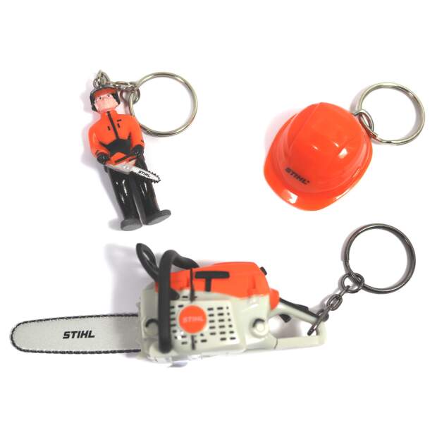 Stihl Schlüsselanhänger, Wald-Arbeiter, Helm, Motor-Säge, 3-er Set