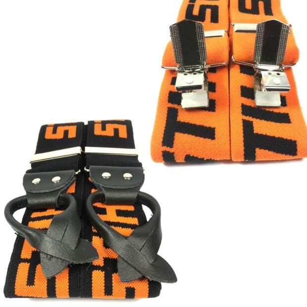 Stihl Hosenträger 2er Set Schwarz & Orange 110 cm Metallclips und zum Knöpfen